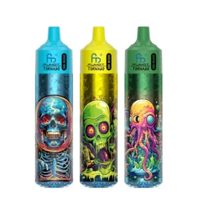 Assortment of three vibrant R and M Tornado 30000 vapes, showcasing distinct flavour art and colours available within a Box of 10 wholesale unit.