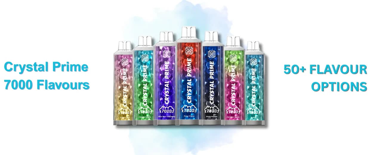 Wide array of Crystal Prime 7000 vapes, showcasing the diverse 45+ flavour options available in a Box of 10 wholesale order.

