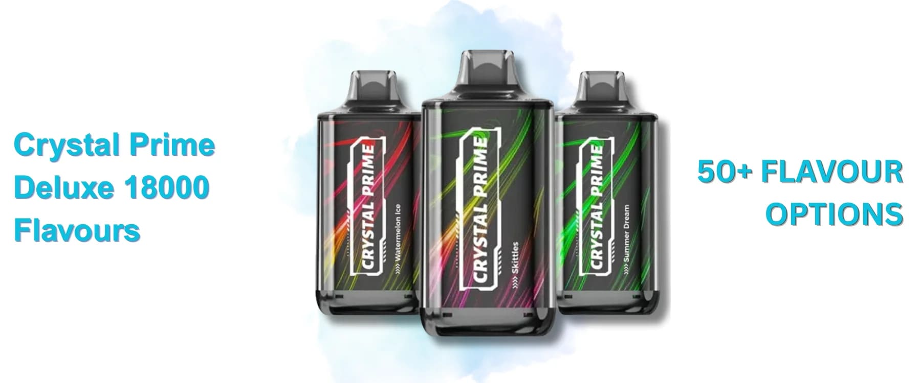 Crystal Prime Deluxe 18000 Puffs showing multiple flavours and 50+ flavour options available
