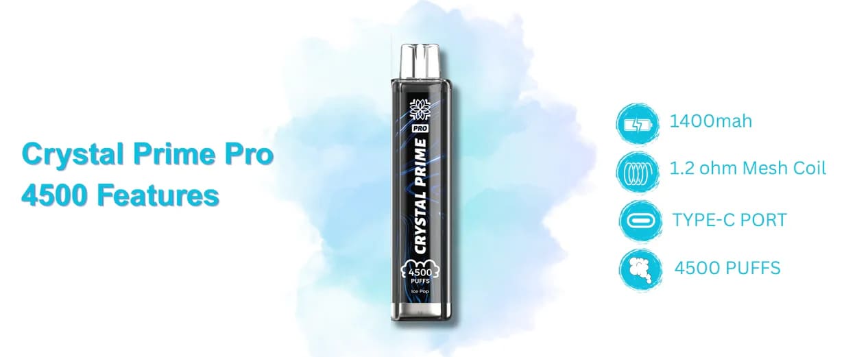Key technical specifications for the Crystal Prime Pro 4500: 1400mAh battery, 1.2 ohm Mesh Coil, Type-C port, and 4500 Puffs capacity.