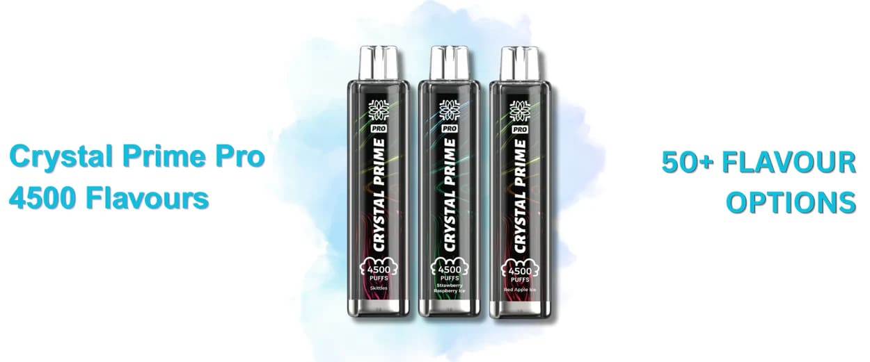 Display of three Crystal Prime Pro 4500 vapes, showcasing the style and variety available from the 50+ flavour options.