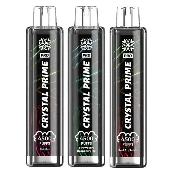 Three Crystal Prime Pro 4500 units featuring the popular Skittles, Strawberry Raspberry Ice, and Red Apple Ice flavours.