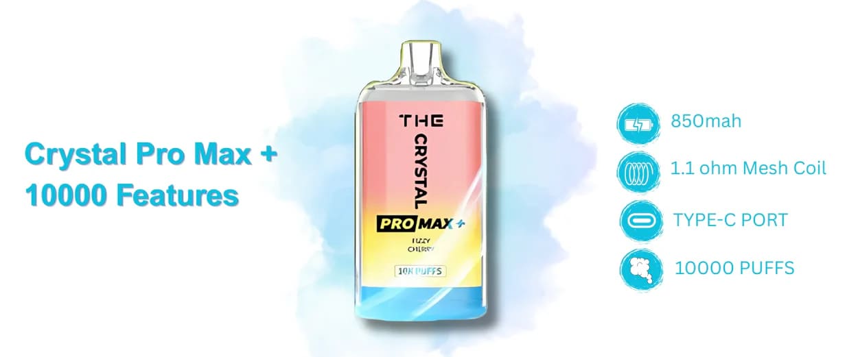 Technical features of the Crystal Pro Max 10000: 850mAh battery, 1.1 ohm Mesh Coil, Type-C charging, and guaranteed 10000 puffs.