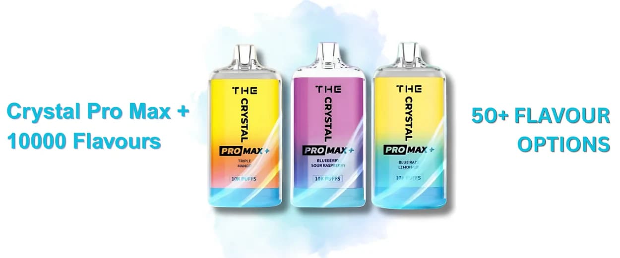 Three brightly coloured Crystal Pro Max plus 10000 vapes, illustrating the wide flavour range for wholesale purchase.