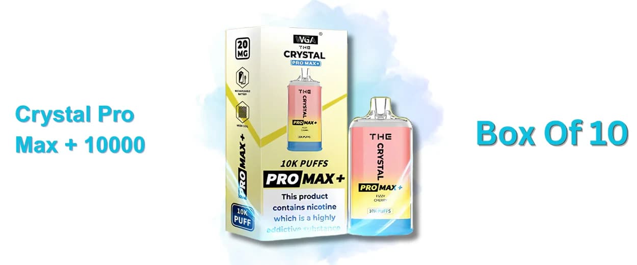  Wholesale packaging and device for the Crystal Pro Max + 10000 Box of 10, showing the 10K puff capacity and mandatory nicotine warning.