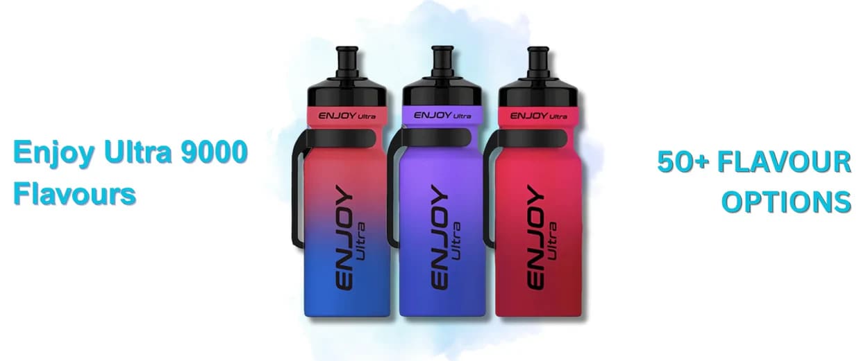 Three colourful Enjoy Ultra 9000 units, showcasing 50+ flavour options for the Box of 10 purchase.
