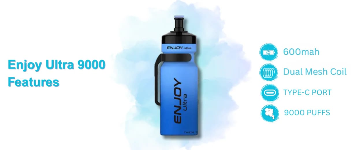 Enjoy Ultra 9000 technical specifications: 9000 Puffs, 600mAh battery, and Dual Mesh Coil for enhanced performance.
