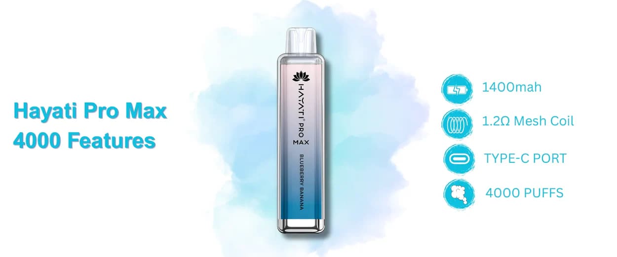 Hayati Pro Max 4000 Puffs technical features: 1400mAh battery, 1.2 ohm Mesh Coil, Type-C port