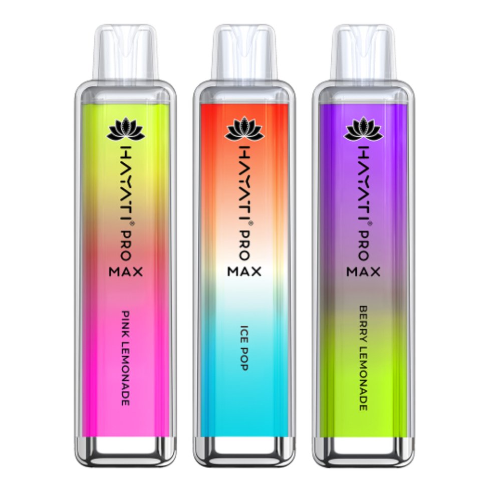 Hayati Pro Max 4000 Puffs Box of 10 flavour display: Pink Lemonade, Ice Pop, Berry Lemonade