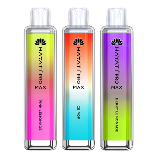 Hayati Pro Max 4000 Puffs Box of 10 flavour display: Pink Lemonade, Ice Pop, Berry Lemonade