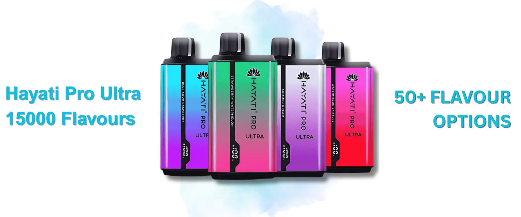 Hayati Pro Ultra 15000 box of 10 flavour options displayed: Raspberry, Watermelon, Summer Dream