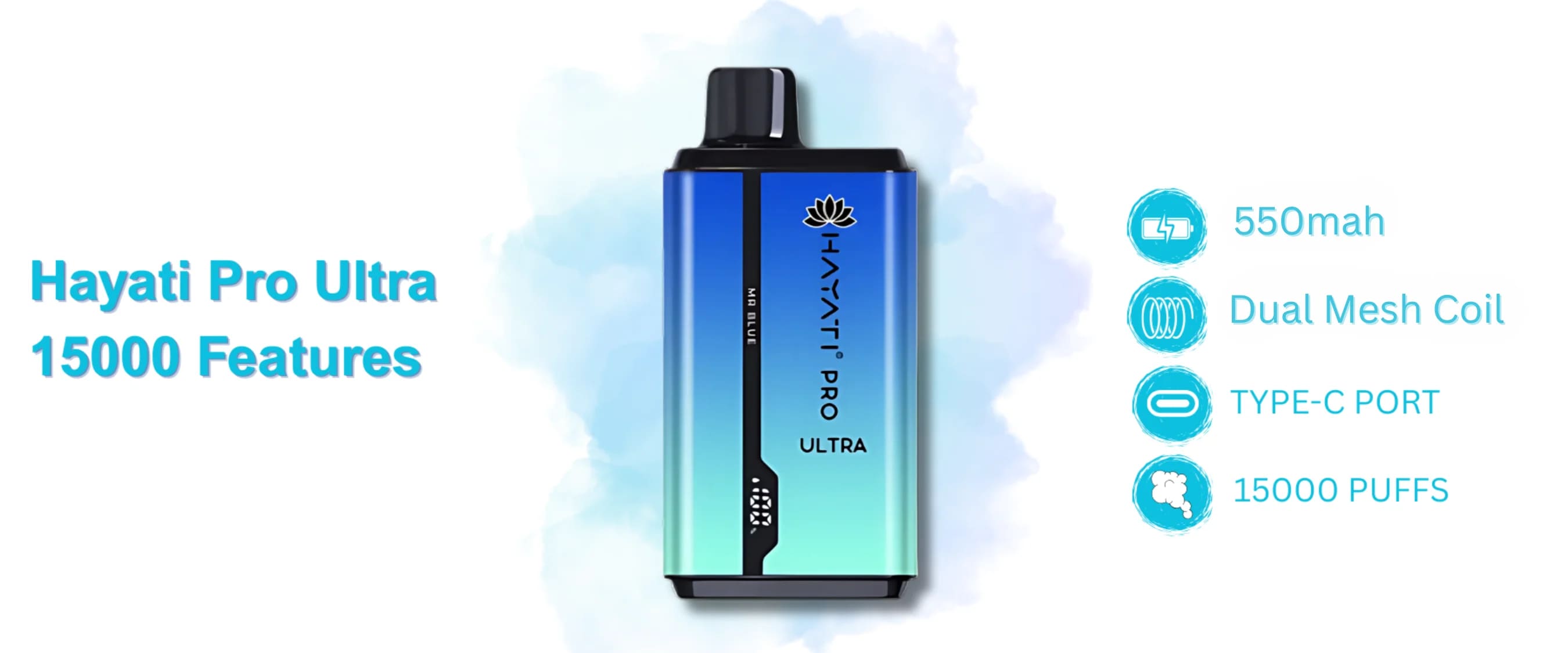 Hayati Pro Ultra 15000 technical features: 550mAh battery, Dual Mesh Coil, Type-C rechargeable