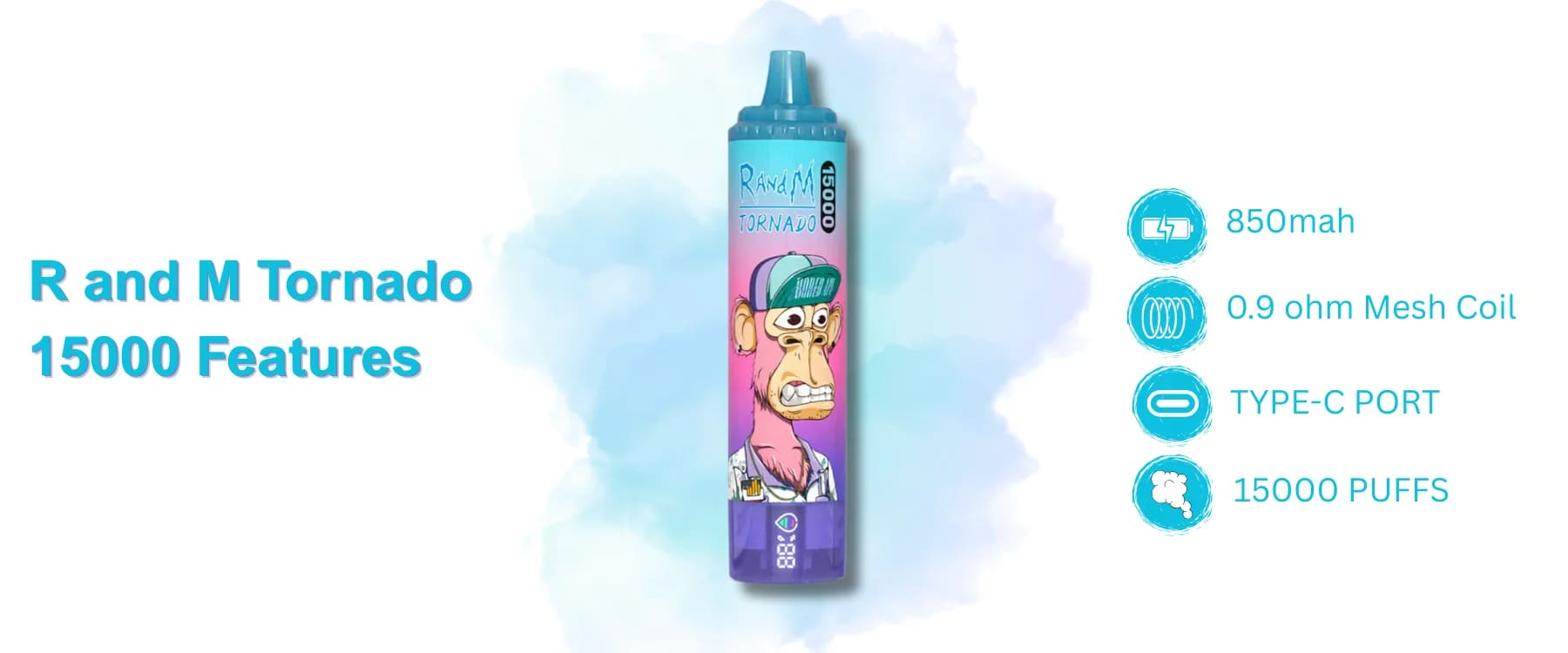 Technical specifications of the R and M Tornado 15000 showcasing the 850mAh battery, Type-C charging, and advanced 0.9Ω mesh coil.