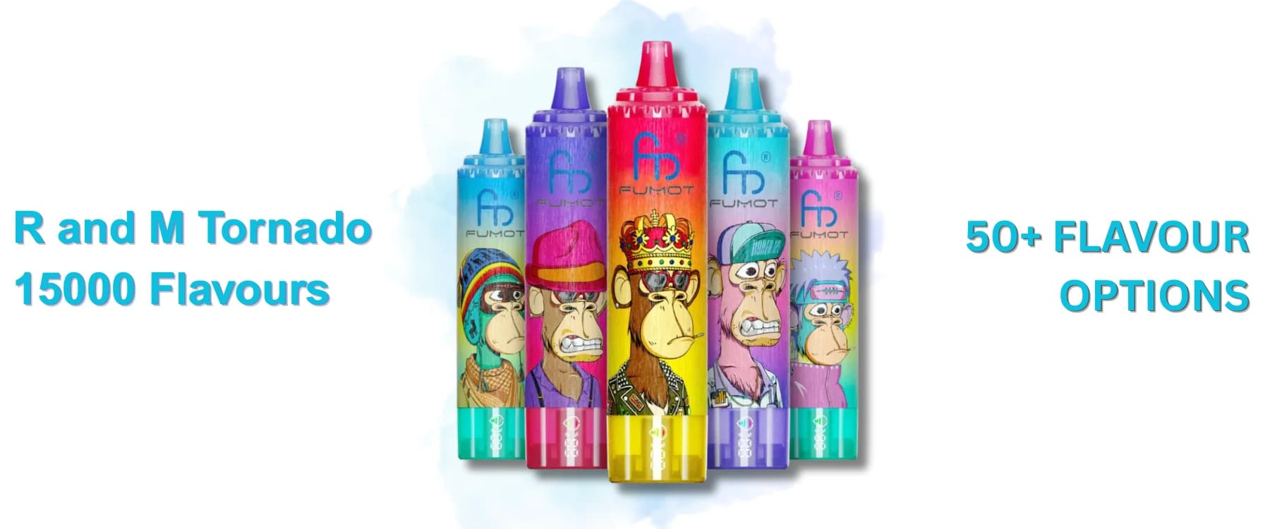 Full range of vibrant R and M Tornado 15000 flavours, illustrating the variety available when ordering a box of 10 wholesale.
