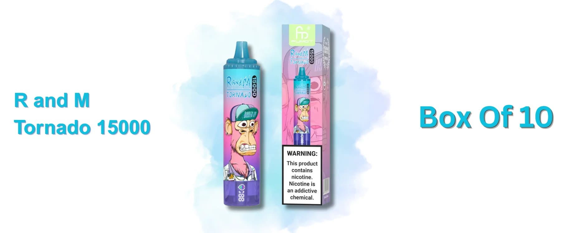 Wholesale box of 10 R and M Tornado 15000 puffs disposables, featuring the signature artistic design for bulk purchase.