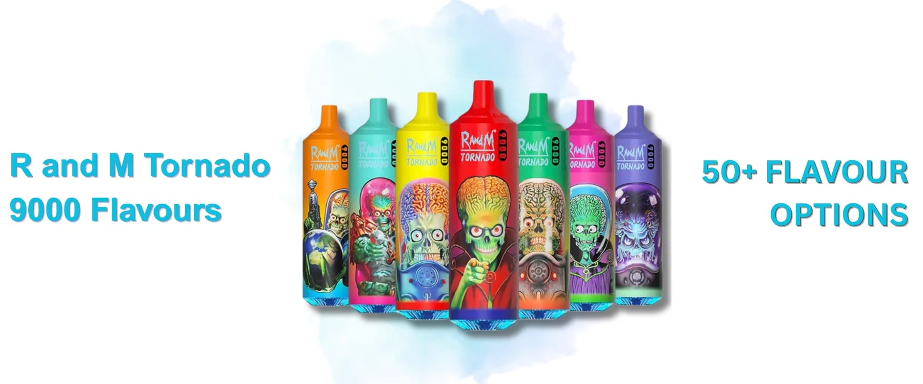 Display of the R and M Tornado 9000's 50+ flavour options, emphasizing the bulk variety available in a Box of 10 wholesale unit.
