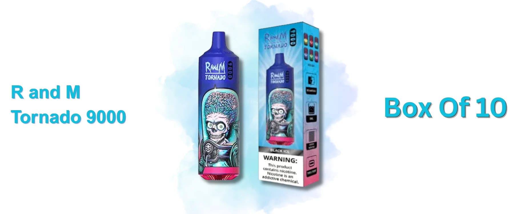 R and M Tornado 9000 disposable vape and packaging, confirming the contents of a Box of 10 wholesale unit with safety warnings.
