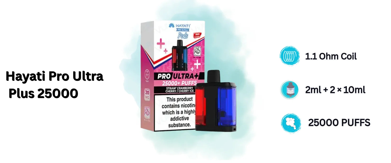 Hayati Pro Ultra Plus 25000 prefilled pod featuring dual-flavour system with independent mesh coils, delivering up to 25000 puffs with auto-refill technology, smooth MTL airflow and flavour consistency.