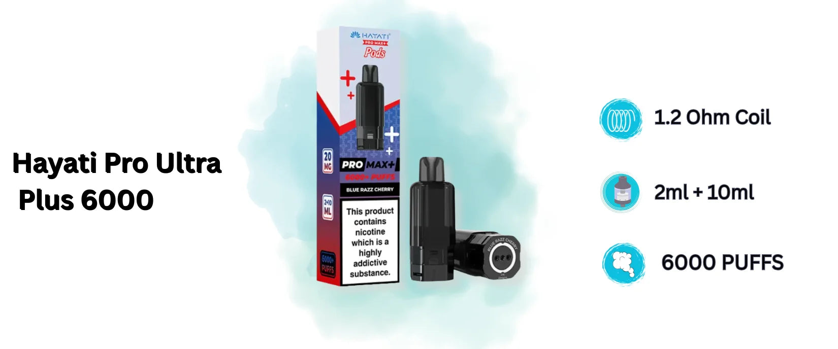 Hayati Pro Max Plus 6000 prefilled pods box of 5 featuring mesh coil technology, up to 6000 puffs per pod with refill chamber support.