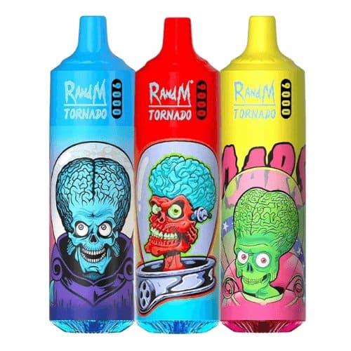Assortment of three vibrant R and M Tornado 9000 vapes, showcasing flavour and colour variety when purchasing a Box of 10..
