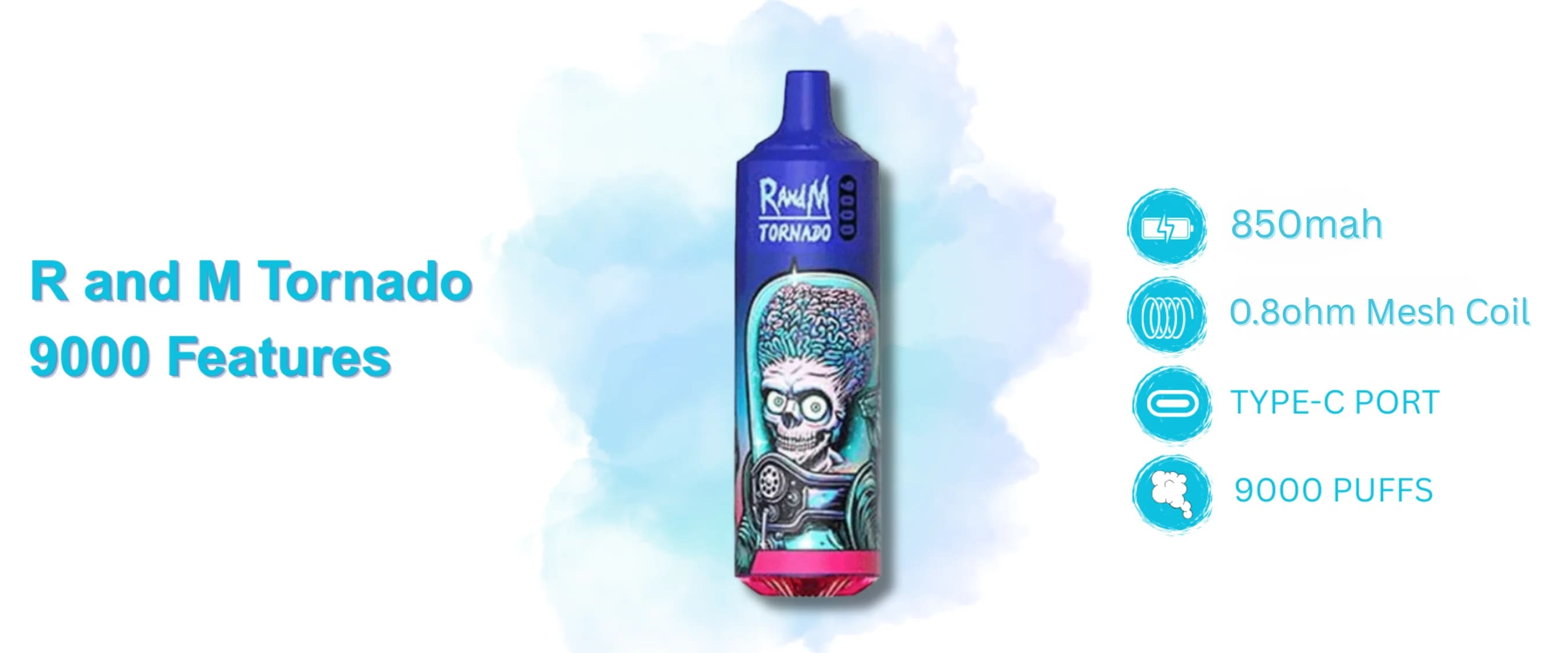 Key technical specifications for the R and M Tornado 9000 model: 850mAh battery, 0.8Ω Mesh Coil, Type-C charging, relevant for bulk Box of 10 orders.