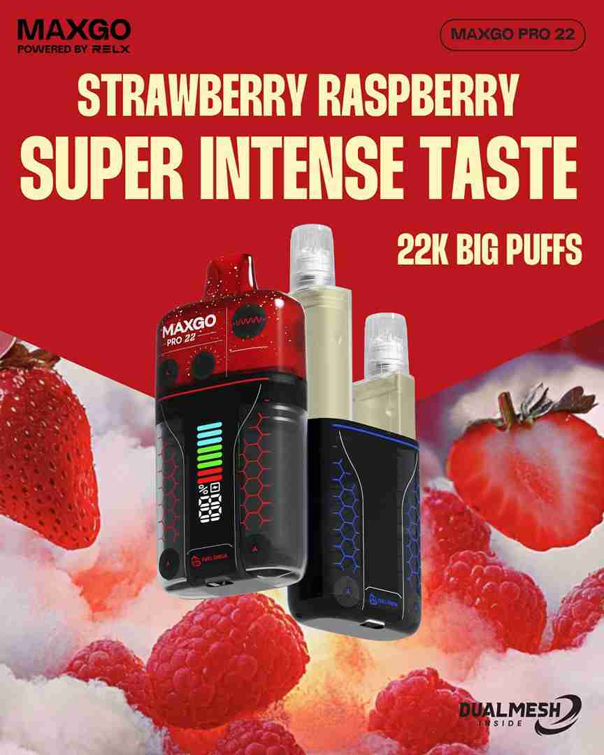 RELX Maxgo 22k Disposable Vape Box of 5 - with Strawberry Raspberry flavour